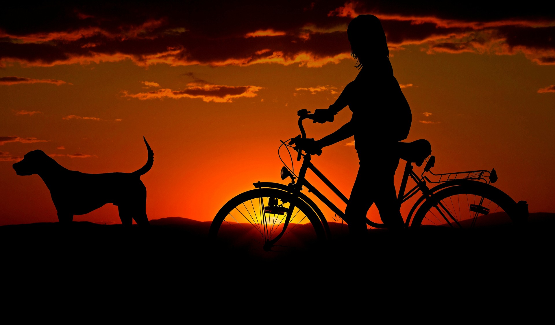Mujer paseando al atardecer con su bici y su perro